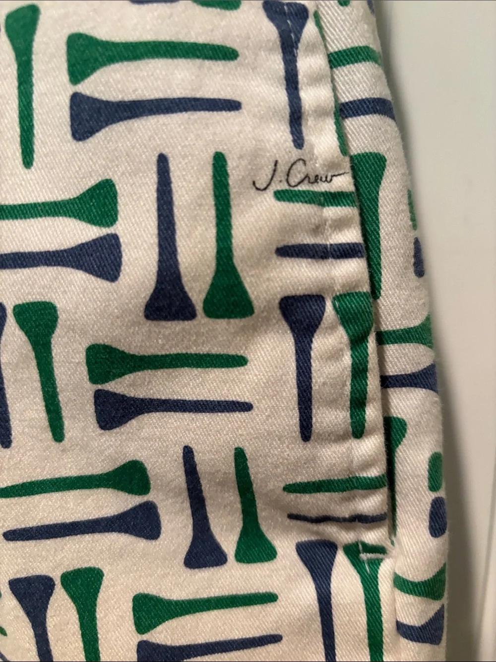 J. Crew White Shorts with Green & Navy Geometric Print